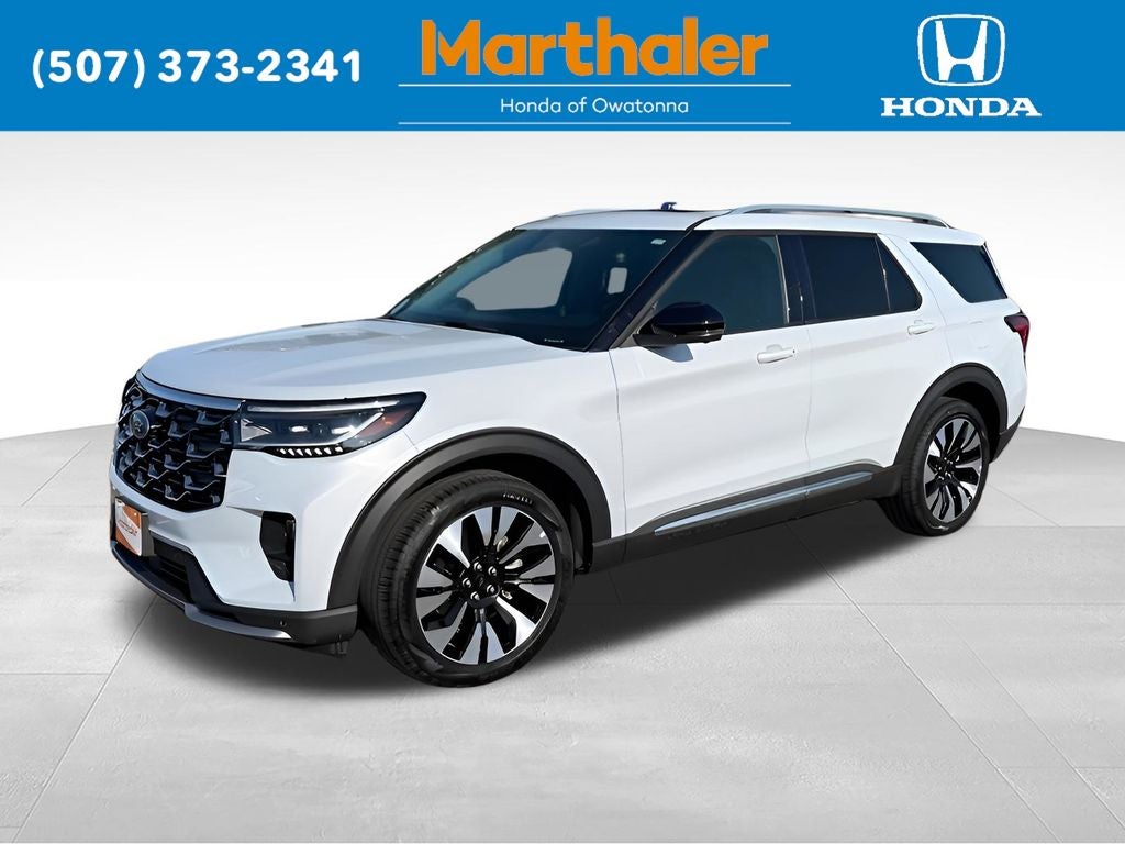 2025 Ford Explorer Platinum in White Metallic — front three-quarter view